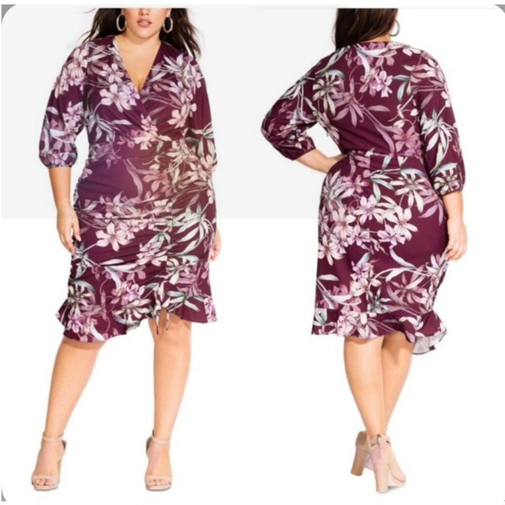 City Chic Dress Plus Sz 18 Winter Lily Floral Faux Wrap 3/4 Sleeve Midi Feminine - Picture 12 of 12